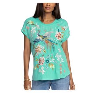 Johnny Was CERETTI RELAXED TEE Teal Blue Bird Floral Embroidered Top Sz XXL